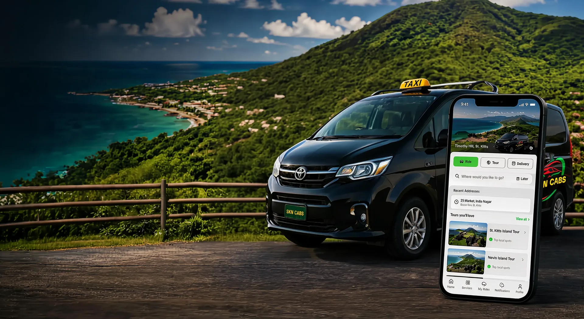 SKN Cabs taxi van coastal drive in St. Kitts & Nevis