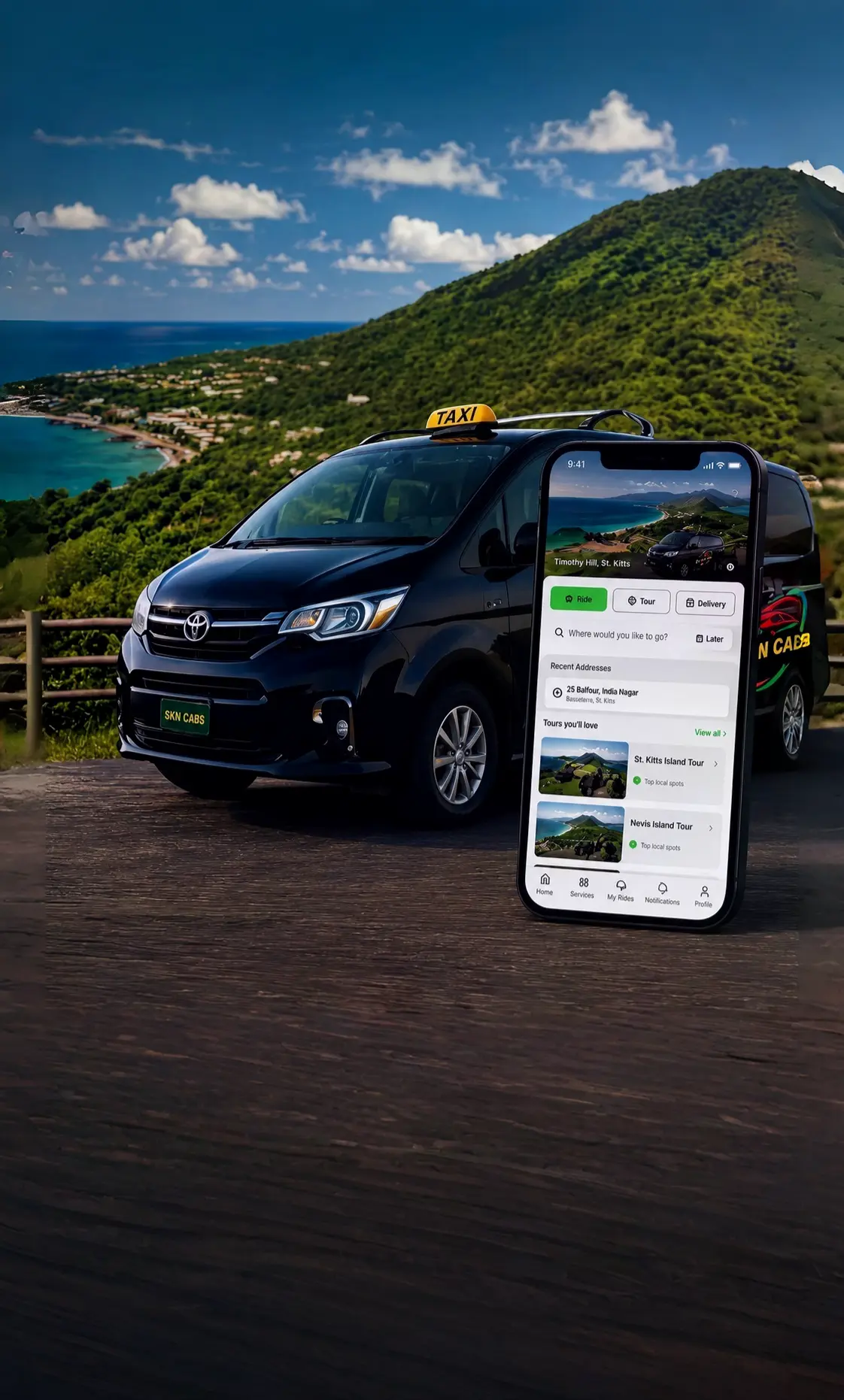 SKN Cabs taxi van coastal drive in St. Kitts & Nevis